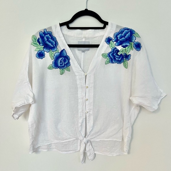 Rails Thea Embroidered Tie Front Crop Top In Blue Rose Size Medium - Picture 1 of 8